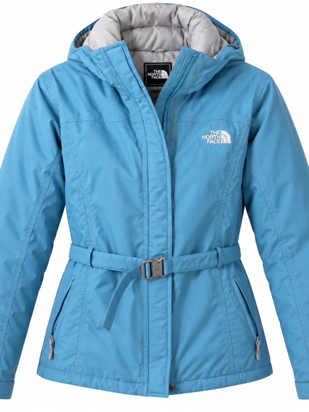 The North Face Girls' Light Blue Hooded Belted Puffer Jacket